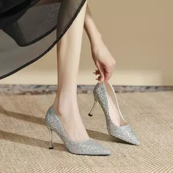 Туфли на шпильках с острым носком, большие размеры и полнота, изысканные одинарные туфли, свадебные туфли, туфли для подружек невесты 34 серебряный