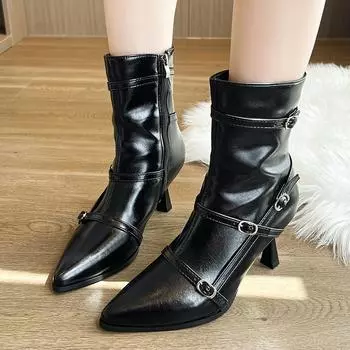 Туфли на шпильках с острым носком, модные сапоги с пряжкой на ремне, короткие сапоги, женские элегантные, маленькие, сексуальные, узкие сапоги, осень P443 35 бежевый