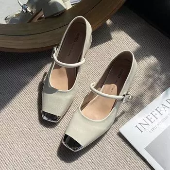 Туфли на среднем каблуке с пряжкой, женские, кожаная поверхность, профессиональная одежда, маленькие кожаные туфли, модные женские, стиль феи, высокое качество, подбор цвета 34 бежевый
