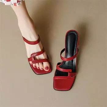 туфли на среднем каблуке с тонким ремешком и открытым носком женские мягкие кожаные туфли на высоком каблуке с одним словом летняя одежда сандалии сандалии на толстом каблуке 35 коричневый