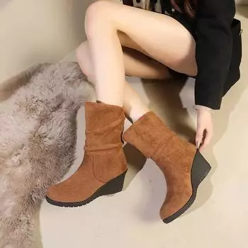 Туфли на танкетке для женщин 2024 года, модные и простые женские сапоги из телячьей кожи, нескользящие, на толстой подошве, на высоком каблуке, короткие сапоги Zapatos De Mujer 35 коричневый