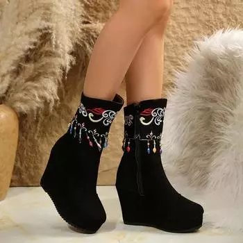 Туфли на танкетке для женщин 2024 года, новые женские замшевые сапоги с вышивкой в этническом стиле, зимняя женская обувь на очень высоком каблуке Zapatos 36 чёрный