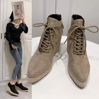 Туфли на танкетке для женщин 2024 года, женские ботильоны с острым носком в стиле ретро, большие размеры 36-42, повседневные ботинки на платформе со шнуровкой, Botas De Mujer 36 чёрный