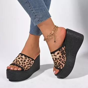 Туфли на танкетке женские 2024 новые модные большие размеры рыбий рот высокий каблук римские классные тапочки 36 цветной печати леопарда