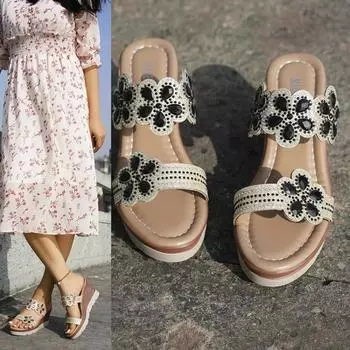 Туфли на танкетке женские летние дышащие пляжные сандалии с открытым носком, со стразами, туфли на танкетке без застежек, сандалии Mujer 2024 Новинка 4 чёрный