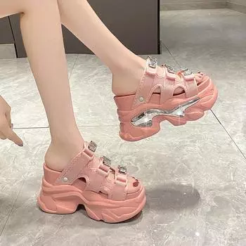 Туфли на танкетке Женские повседневные босоножки с круглым носком на толстой подошве в виде бисквитного торта со стразами Летняя мода Односложные босоножки и тапочки На высоком каблуке 39 розовый