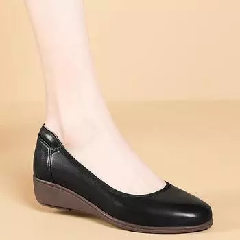 Туфли на танкетке, женские, с круглым носком, удобная мягкая подошва, мягкая поверхность, женская обувь, неглубокое горлышко, туфли для бабушки, кожаные туфли 34