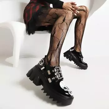 Туфли на толстой металлической подошве с большим черепом, женская обувь в темном панк-панке с готической пряжкой на ремне 36 чёрный