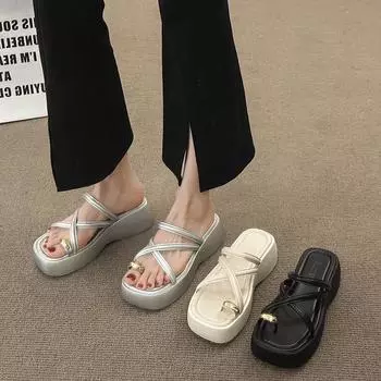 Туфли на толстой платформе, женские, модные, черные, из искусственной кожи, на танкетке, женские, повседневные, однотонные, сандалии на клипсе 35
