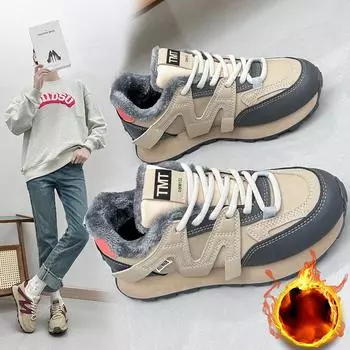 Туфли на толстой подошве для папы для женщин, зимние, из бархата, универсальные, из хлопка, модная повседневная спортивная обувь 35 чёрный