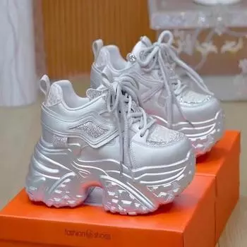 Туфли на толстой подошве для папы, женская весна 2025, новые теплые и объемные женские туфли со стразами, универсальные туфли для спорта и отдыха 34 чёрный