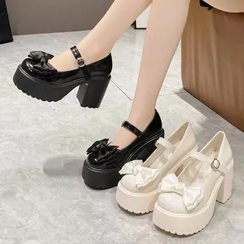 Туфли на толстой подошве для женщин на весну и осень, толстый каблук, неглубокий носок, одинарный ботинок, пряжка-бантик, женские маленькие кожаные туфли 40 чёрный