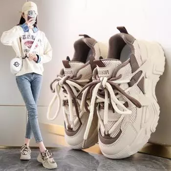 Туфли на толстой подошве для женщин, весенний стиль, модные, универсальные, увеличивающие рост, привлекающие внимание, небольшие спортивные, беговые и повседневные туфли 35 бежевый