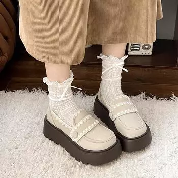 Туфли на толстой подошве fairy wind с одной педалью 2024 года, новые кружевные туфли в корейском стиле, женские туфли-маффины из натуральной кожи 35