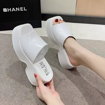 Туфли на толстой подошве и высоком каблуке для женщин, летняя одежда 2024 года, новые повседневные туфли-туфли с одним словом, модные сандалии с квадратным носком, женская обувь 35 белый