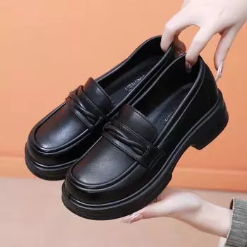 Туфли на толстой подошве из черной кожи, рабочие туфли с одной педалью, мокасины, женская рабочая обувь, увеличивающая рост, мода на осень 35