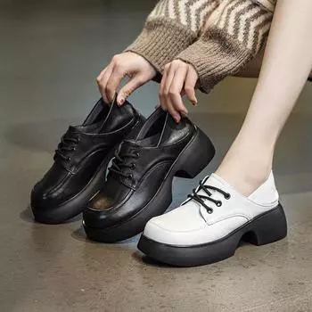 Туфли на толстой подошве Маленькие кожаные туфли Одиночные туфли 35 белый