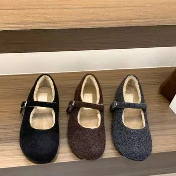 Туфли на толстой подошве, пушистые, женская обувь, новинка 2025 года, бархатные, теплые, хлопковые туфли, универсальные, туфли Мэри Джейн 35 чёрный