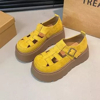 Туфли на толстой подошве с полыми отверстиями, увеличивающие рост, новые весенне-летние туфли Мэри Джейн, одинарные туфли с сумкой на мыске, сандалии 34