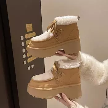 Туфли на толстой подошве с завышенной талией и шнуровкой на танкетке из овечьей шерсти, зимние женские повседневные высокие ботинки 2024 года 35 коричневый
