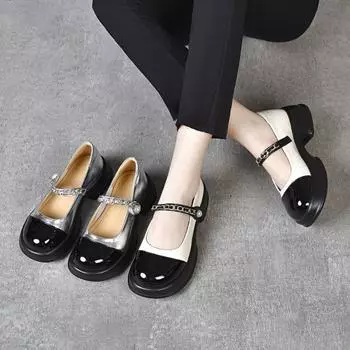 Туфли на толстой подошве Туфли Мэри Джейн Одинарные Лоферы 34 бежевый