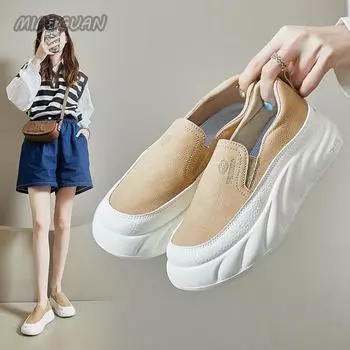 Туфли на толстой подошве женские 2024 весна осень новые туфли на плоской подошве повседневные туфли без застежек для увеличения роста женские туфли на плоской подошве Zapatillas 35 хаки