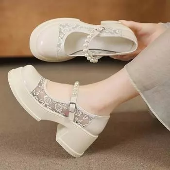 Туфли на толстой подошве женские британские туфли на весну и лето на высоком каблуке Мэри Джейн Мокасины сетчатые одинарные дышащие 35 бежевый