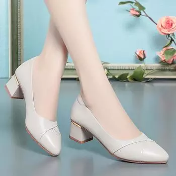 Туфли на толстом каблуке для женщин, весенние и осенние кожаные туфли, женские туфли на среднем каблуке с неглубоким носком, мягкие кожаные туфли на мягкой подошве 35