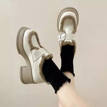 Туфли на толстом каблуке из бархата, новые женские туфли на платформе, зима 2024, теплые хлопковые туфли, туфли Мэри Джейн в британском стиле на среднем каблуке 35 чёрный