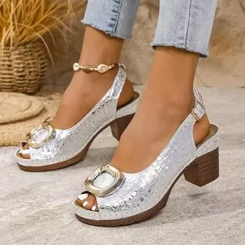 Туфли на толстом каблуке, летние 2025, новые женские туфли, модные туфли с квадратной пряжкой и рыбьим ртом, пустые сандалии, пятно 36 чёрный