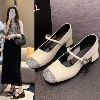 Туфли на толстом каблуке, модные и удобные, женские, на среднем каблуке, летние, однотонные, с пряжкой, туфли Мэри Джейн, универсальные, серебристые туфли 35 серебряный