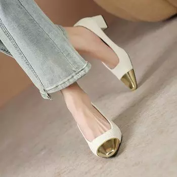 Туфли на толстом каблуке, новые весенне-осенние модные женские туфли-лодочки, цветные квадратные носки, средний каблук, ретро-женские туфли 34 бежевый