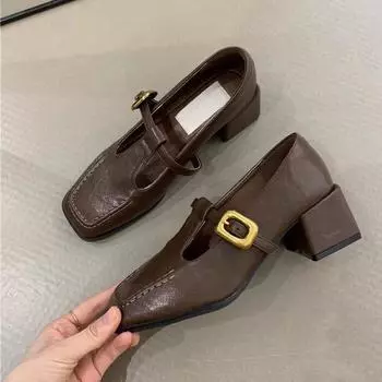 Туфли на толстом каблуке с квадратной головкой, женские, весна-осень, новые, вечерние, бризы, фея, высокие каблуки, туфли Мэри Джейн, маленькие кожаные 35 коричневый