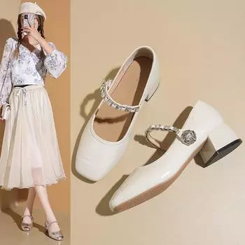 Туфли на толстом каблуке с неглубоким носком, женские туфли Мэри Джейн в стиле ретро для подружек невесты, серебристые туфли с одной пряжкой 34 серебряный