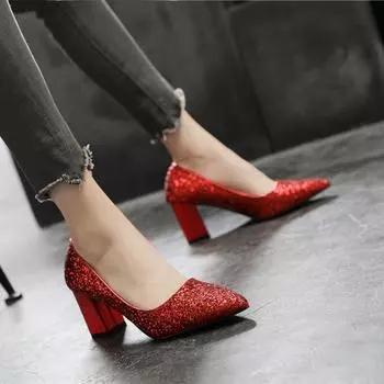 Туфли на толстом каблуке с острым носком, которые не утомляют ноги, свадебные туфли на высоком каблуке, одинарные туфли с блестками, туфли принцессы 34 красный
