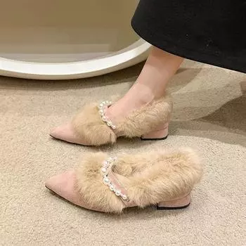 Туфли на толстом каблуке с перламутровым эффектом и низким каблуком, пушистые туфли на низком каблуке, осень 2024, новые модные туфли французской моды Мэри Джейн для женщин 35 розовый