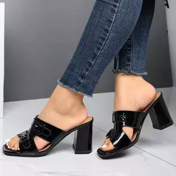 Туфли на толстом каблуке женские летние новые большие с пряжкой на ремне женские босоножки на высоком каблуке с квадратной головкой тапочки туфли 36 чёрный