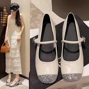 Туфли на толстом каблуке, женские, средний каблук, летние, одно слово, пряжка, туфли Мэри Джейн, универсальные, серебристые туфли 35 серебряный