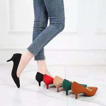 Туфли на тонком каблуке для девочек, профессиональные замшевые черные туфли с острым каблуком, повседневные туфли, рабочая обувь, женская обувь Huidong, фабричная обувь 35 красный