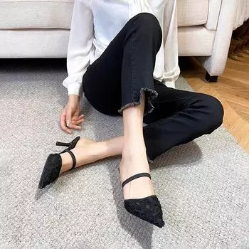 Туфли на тонком каблуке для женщин Fairy 2025, новые французские милые темпераментные светские тапочки с сеткой и цветочным узором, неглубокий носок Baotou Cool Slippers 34 чёрный