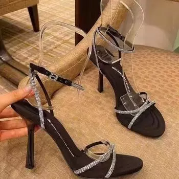 Туфли на тонком каблуке со стразами, черные римские туфли на высоком каблуке, новинка 2025 года, сандалии с крестом и буквами, сандалии для женщин, верхняя одежда 34