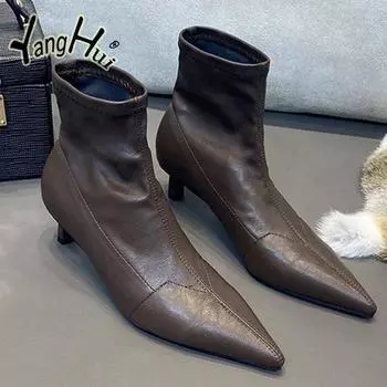 Туфли на тонком высоком каблуке из искусственной кожи с острым носком, универсальные эластичные современные сапоги, сексуальные, без застежек, 2024, новая мода, весна-осень 35 коричневый