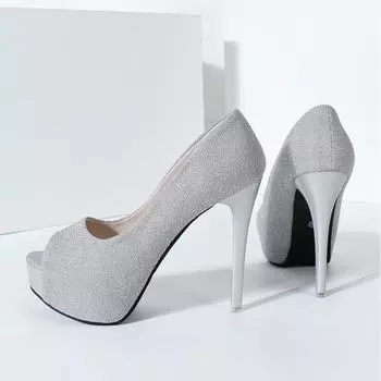 Туфли на высоком каблуке 12 см. Тонкие каблуки. Водонепроницаемая платформа с заостренным носком. Серебряные туфли-лодочки. Женская обувь. 39