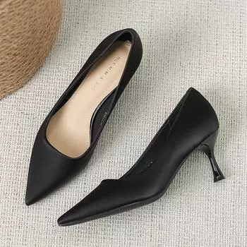 Туфли на высоком каблуке 2025 весна новые универсальные профессиональные черные рабочие туфли стилет с острым носком одинарные туфли G65-1 34 чёрный