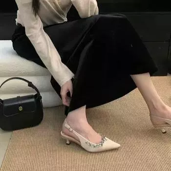 Туфли на высоком каблуке абрикосового цвета со стразами, босоножки с заостренным носком, туфли-мешки, туфли-феи, весенне-летние туфли 2025 года 35 чёрный