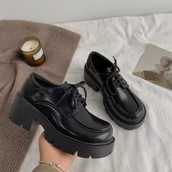 Туфли на высоком каблуке большого размера из кожи для женщин, зимние туфли в стиле ретро-колледжа на толстой подошве со шнуровкой 35