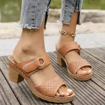 Туфли на высоком каблуке большого размера для женщин на весну и лето 2025 года. Модели с толстым каблуком и босоножки с застежкой-липучкой «рыбий рот» 36 чёрный