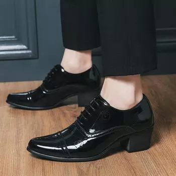 Туфли на высоком каблуке, черные, деловые, мужские, кожаные, для офиса, элегантные, для бизнеса, с подъемом, на 6 см, для мужчин, на платформе 37 чёрный