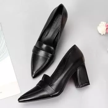 Туфли на высоком каблуке, черные, рабочие, на толстом каблуке, кожаные, женские, для занятий спортом, ноги не устают, мягкая подошва, маленькие размеры, рабочие, женские, весенние и осенние, одинарные туфли 31