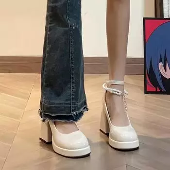 Туфли на высоком каблуке для женщин, модные туфли на толстом каблуке с жемчужной пряжкой на щиколотке, туфли для свадебной вечеринки из лакированной кожи на платформе, туфли Мэри Джейн для женщин 35